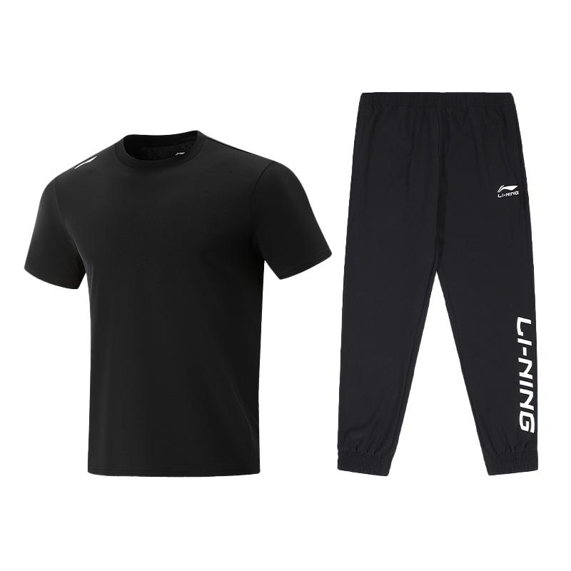 Li-Ning Summer Lightweight Quick-Dry Short Sleeve T-Shirt And Shorts Casual Sports Set Men Sportswear Black ATSV597-2+AYKU909-1