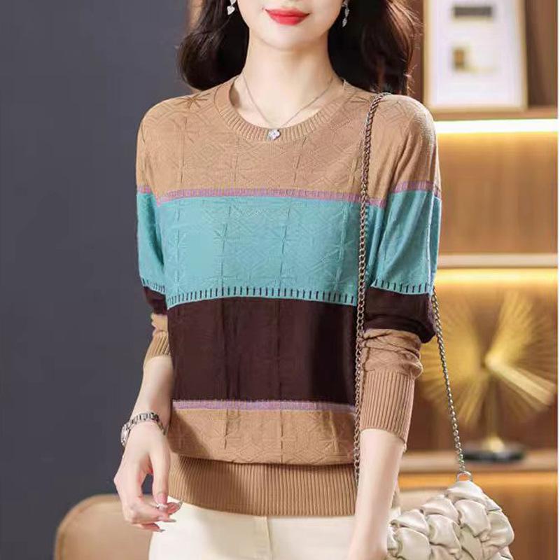 Striped Thin Knit Sweater Top Autumn Women's Color-blocked Crew Neck Pullover Sweater Women's Base Layer
