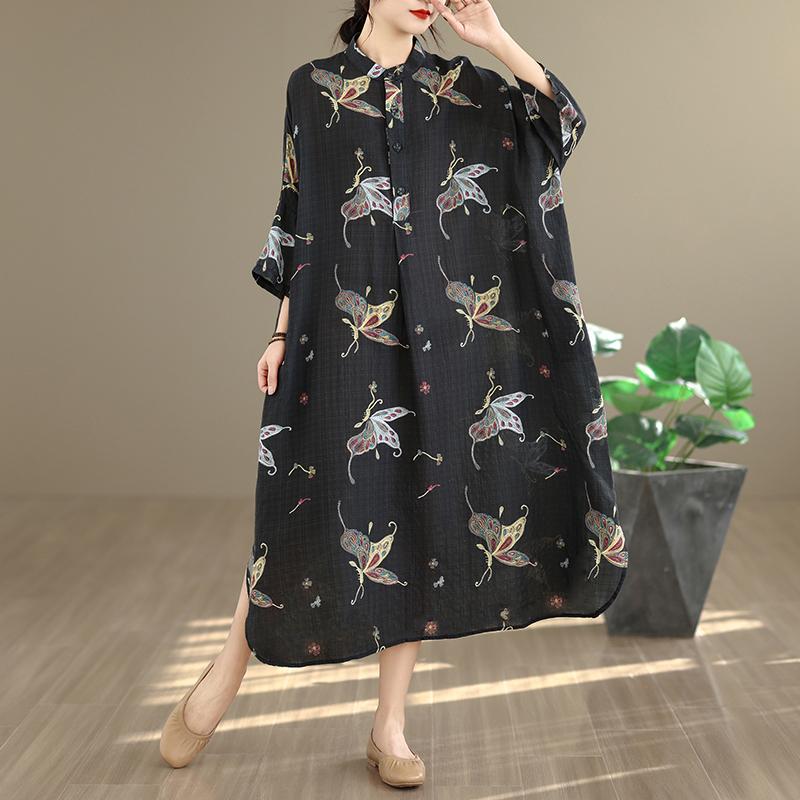 DIMANAF New 2026 Women Plus Size Spring Summer Beach Long Black Dress Vintage Lady Loose Oversize Maxi Floral Print Cotton Button