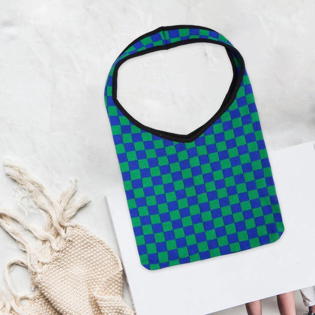 Woven Tote Bag for Vacation Shopping Grid Pattern Knitting , Casual Large Capacity Shoudler