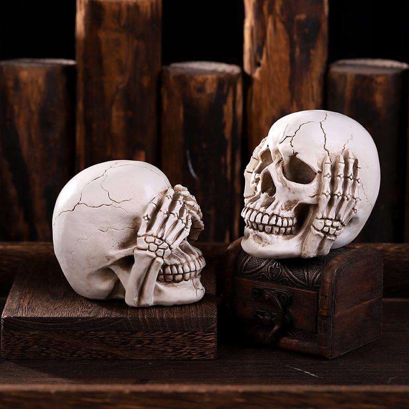 Skulls Figurine No Evil Resin Human Skull Statue Head Sculptures Skull Collectible Halloween Funny Skull Home Decor