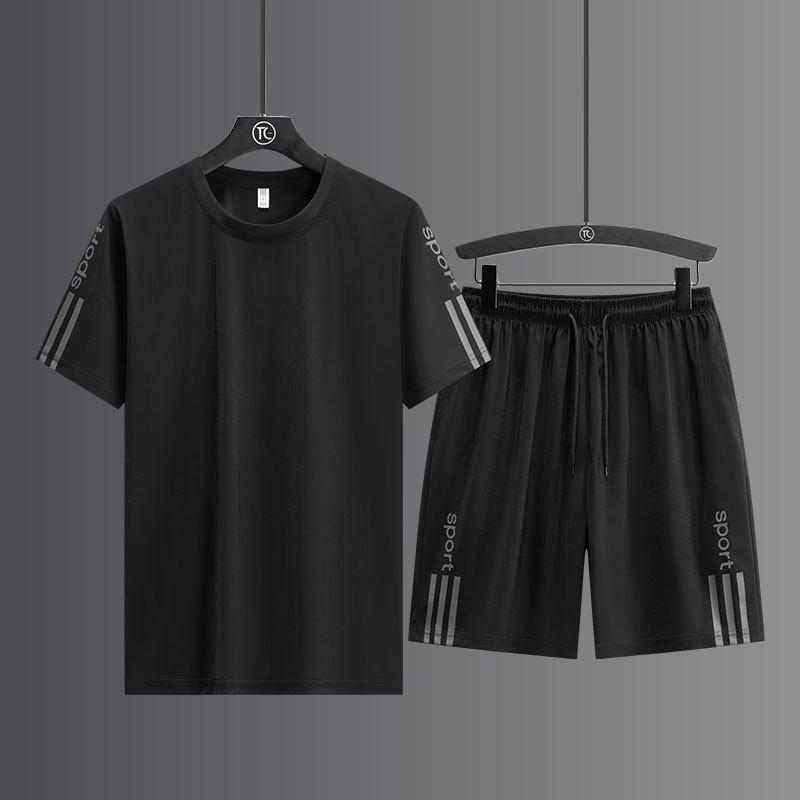 

Спортивный костюм из ледяного шелка, мужской, двухпредметный, футболка, мужские шорты с коротким рукавом, повседневные брюки из ледяного шелка, мужской быстросохнущий комплект шорт L чёрный