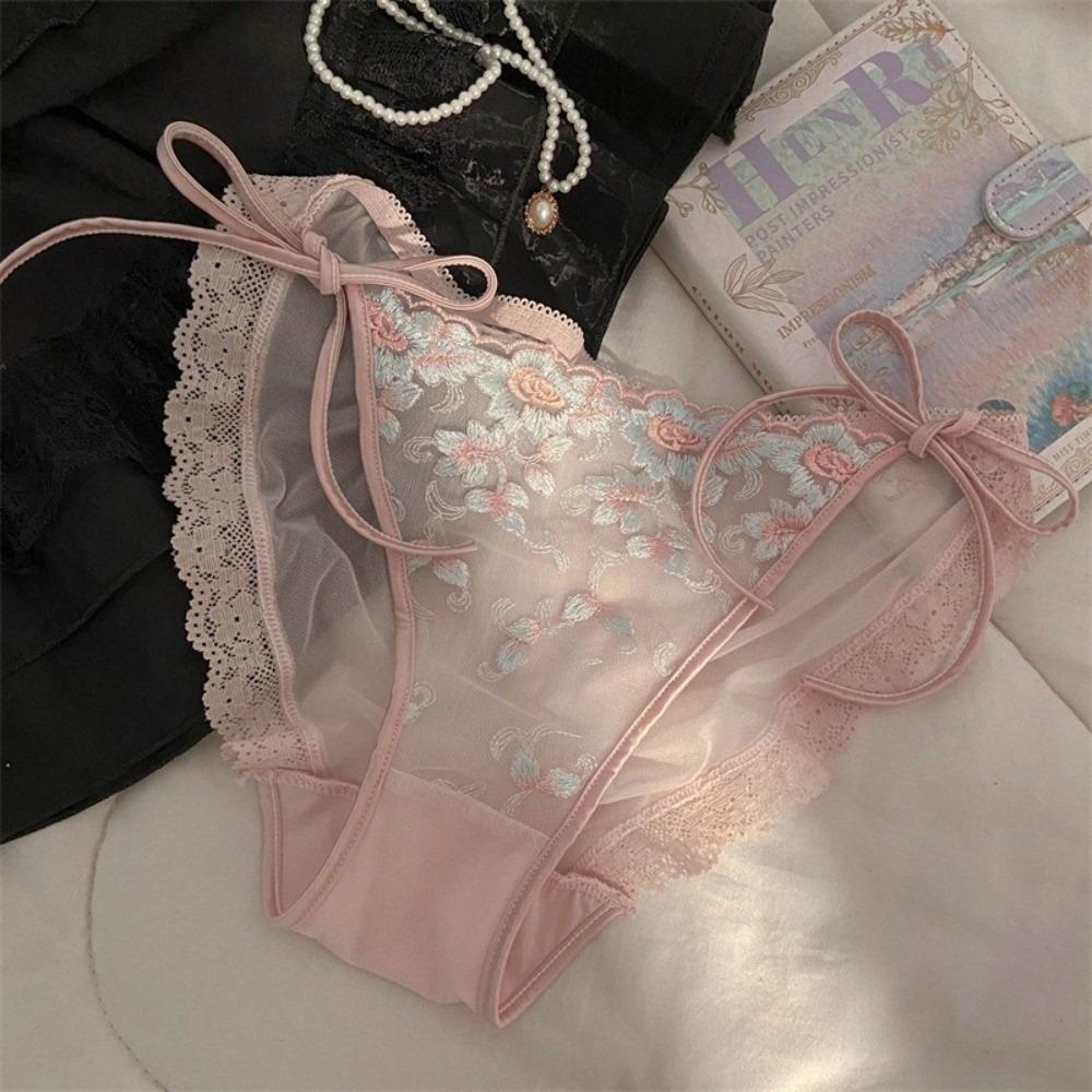 Fashion Low Waist Embroidery Flower Panties Transparent Cotton Crotch Underwear for Women Sweet Mesh Lace Briefs Lady