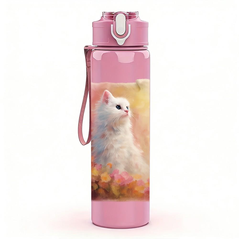 1PC White Cat Floral Soft Art 750ml Color Plastic Sports Water Bottle Leakproof Flip Straw Lid Suitable for Sports Office Home Use