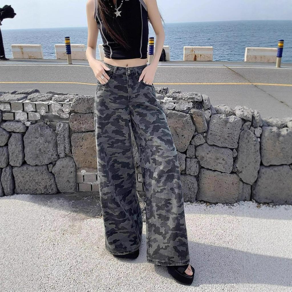 High-waisted Camouflage Wide-legged Jeans Women College Style Autumn Loose Skinny Dragging Ground Trousers Jeans for Women Long Denim Pants