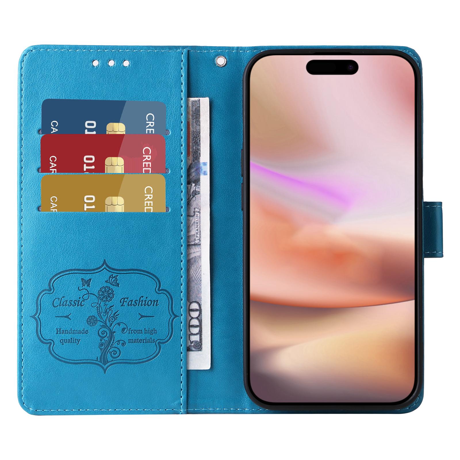 

For iPhone 16 Plus Leather Case Butterfly Floral Imprint Wallet Stand Cover Blue