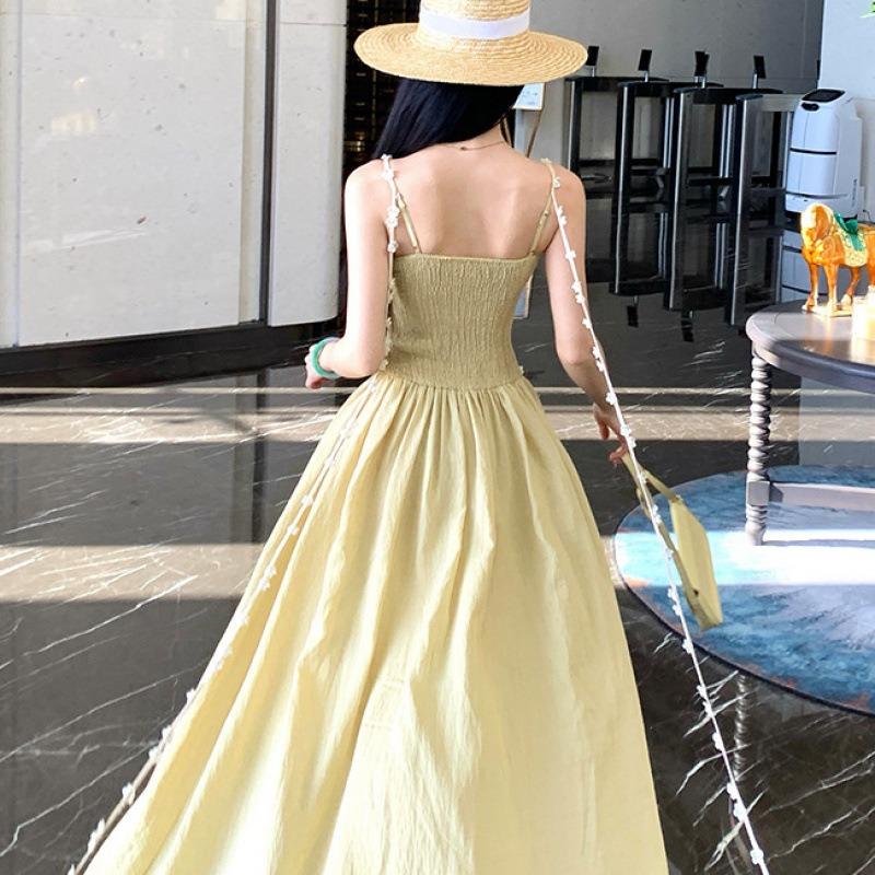 Spring and Summer Seaside Vacation Yellow Hollow Suspender Temperament Dress Waist Thin Beach Long Skirt