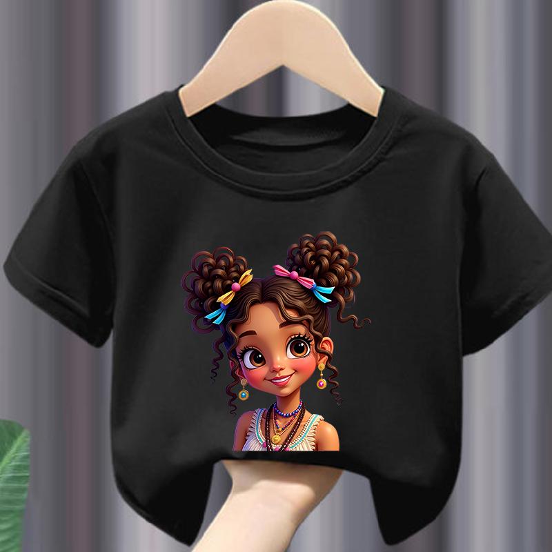 Summer Fashion Short Sleeve TShirt for Girls with Cartoon Print Double Tail Design Casual Top for Kids Polyester fabric