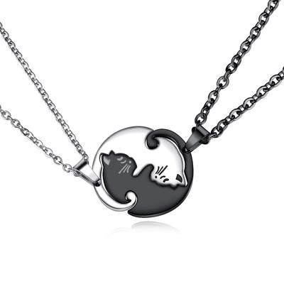 [Rockyu] Cat Necklace Pair Yin Yang Cat Motif Men's Women's Stainless Steel Silver Black Hypoallergenic Couple Valentine's Day