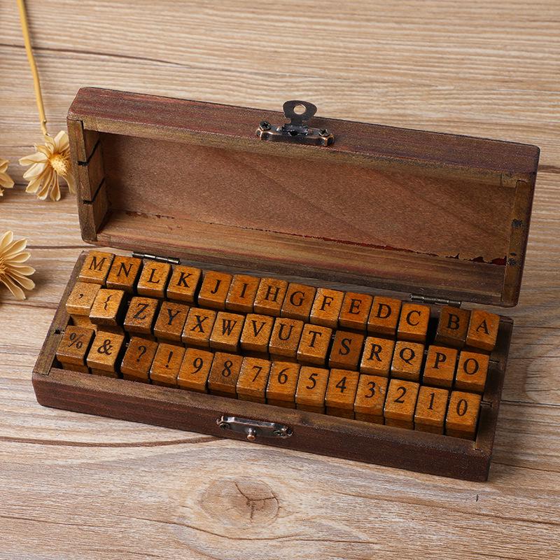 Retro English Letter & Number Decorative Stamp Set In Wooden Box, 30/42/70 Pieces