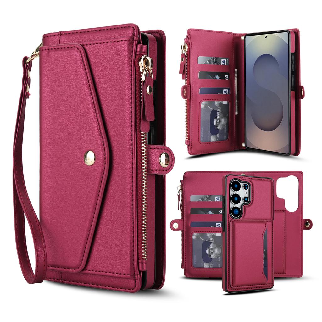 For Samsung Galaxy S25 Ultra Wallet Case Magnetic Detachable PU Leather Phone Cover with 2 Straps