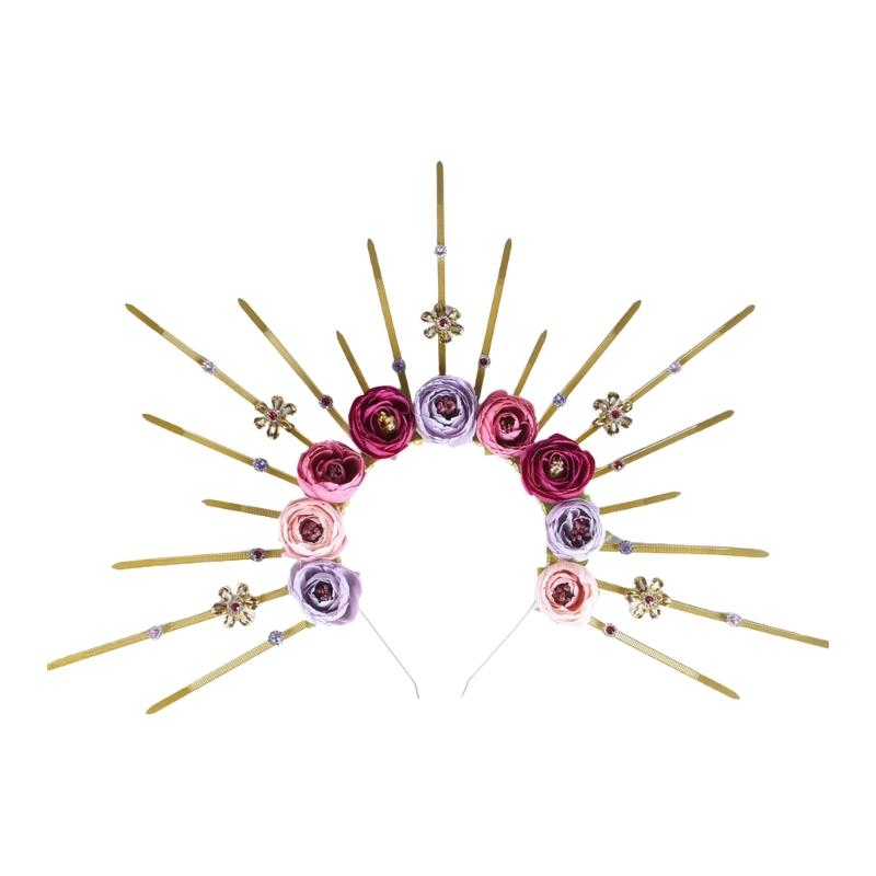 Elegant Rose Flower Hair Hoop Adjustable Size Sunbursts Headband with Rhinestones Comfortable Hairband Party Ornament