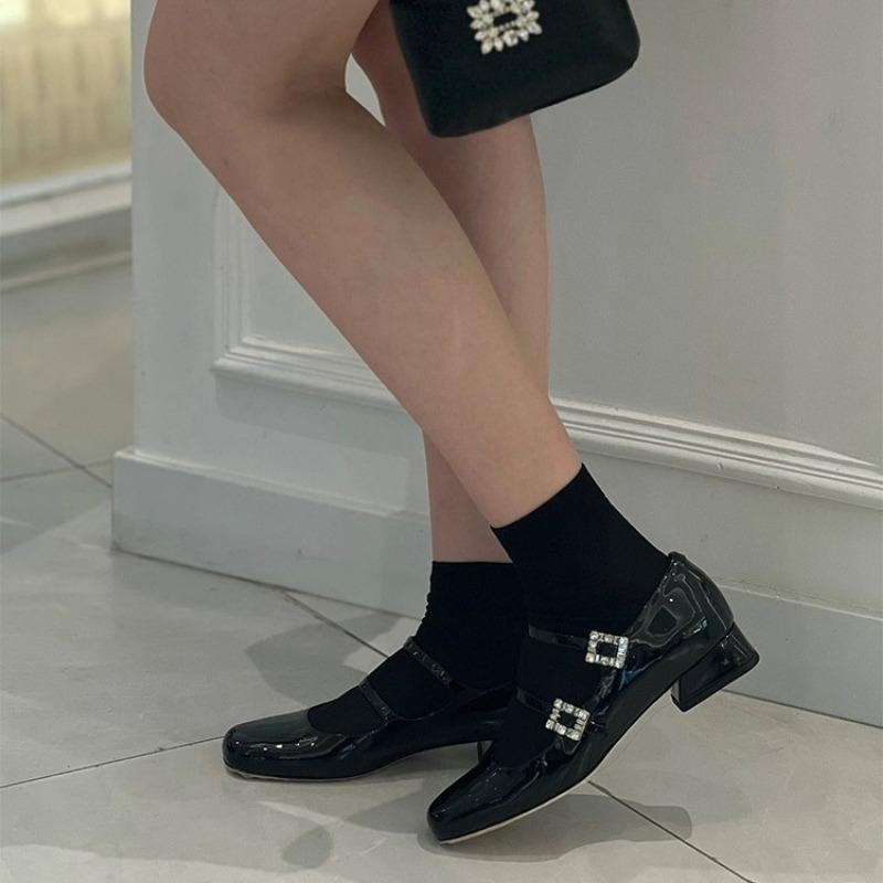 Sheepskin version~ Square head leather rhinestone shoes with shallow mouth single shoes women's thick heel retro Mary Jane shoes