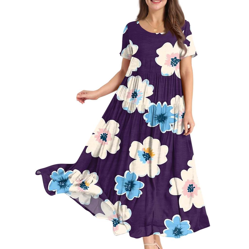 Dámské letní šaty s kulatým výstřihem, krátkým rukávem, květinovým potiskem, boho, volné