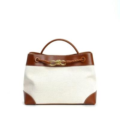 New Leather Contrasting Color Canvas Splicing Women's Bag First Layer Cowhide Handbag Shoulder Messenger Bag Commuter Women's Bag