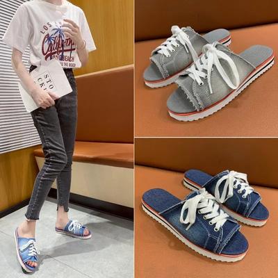 Moda Donna Sandali Peep-toe in denim Scarpe estive traspiranti Comode pantofole casual da donna Nuove scarpe basse Zapatos Mujer