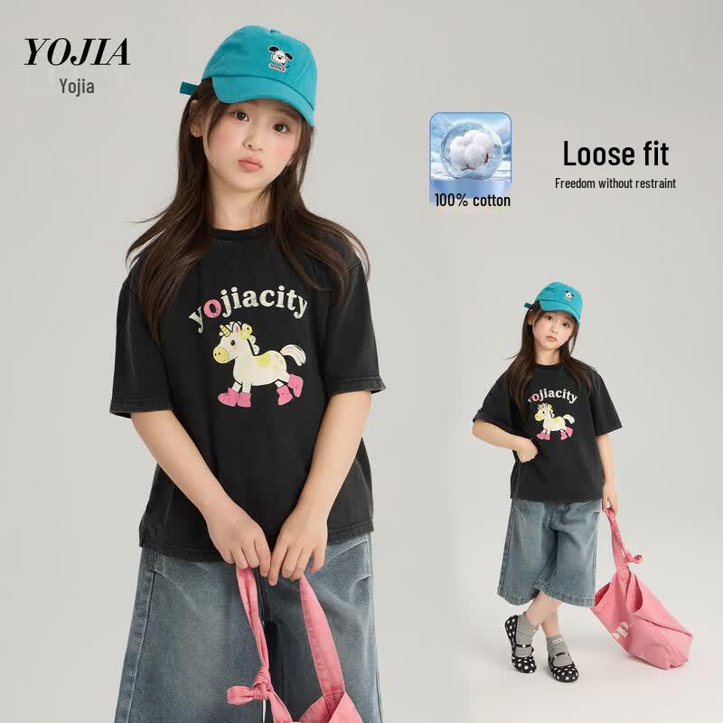 YOJIA Girls Vintage Wash Short Sleeve Cotton T-Shirt 110