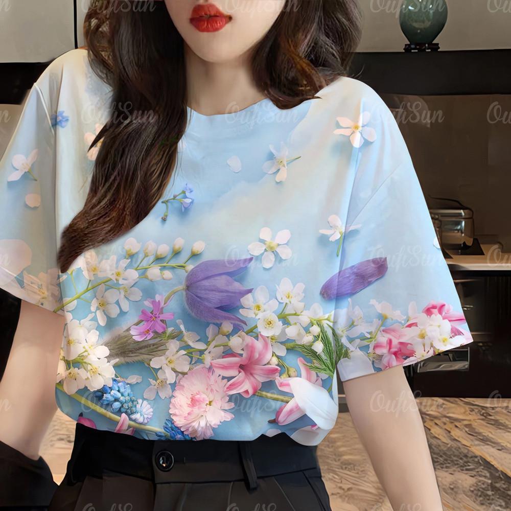 3D printed women's T-shirt, Korean style short sleeved shirt, fashionable, casual and versatile