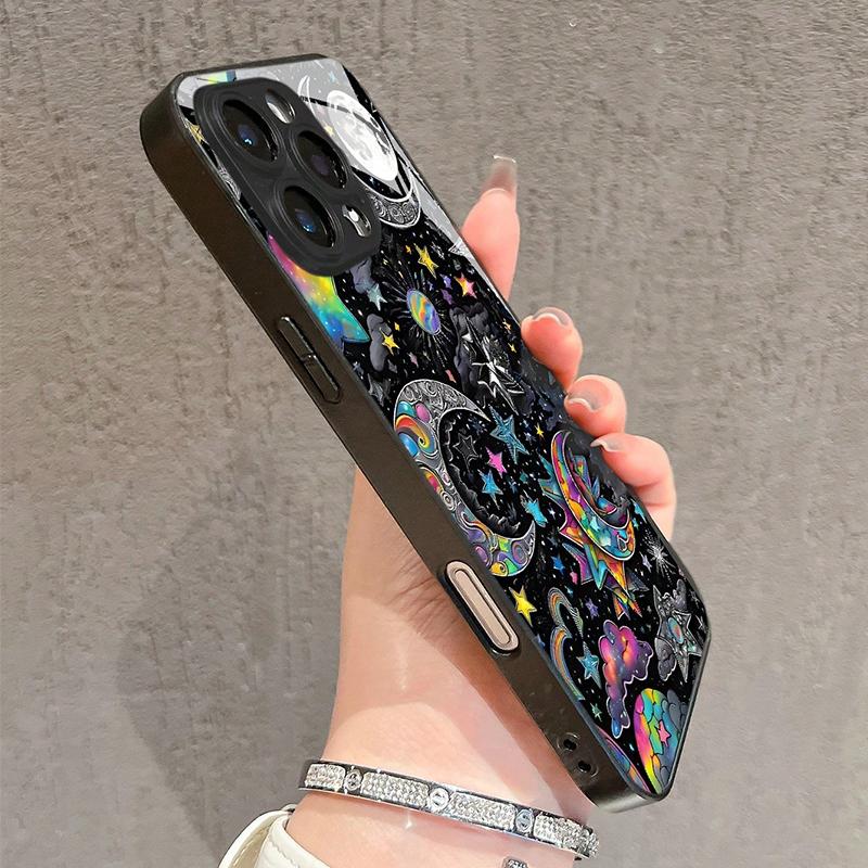 Bunte Sterne und Mond Glasmaterial Handyhülle für iPhone 17 16 15 14 13 12 11 Pro Max 16E 7 8 Plus XR XS X Stoßfeste Hülle