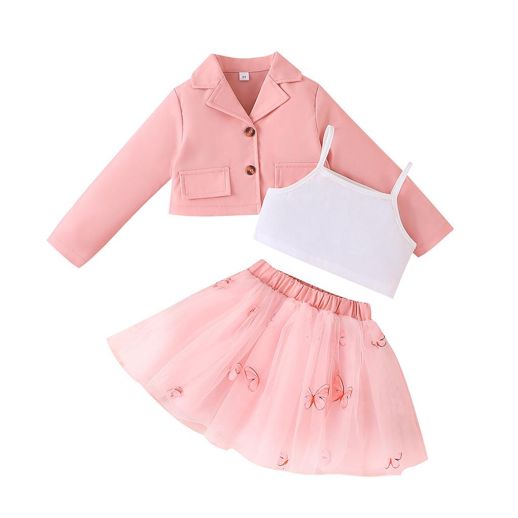 New Children's Long Sleeve Jacket + Vest + Short Skirt Three-Piece Spring and Autumn Little Girl's Mesh Skirt Set