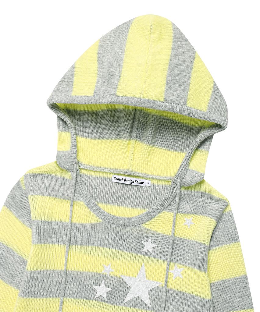 CAVISH W U Neck Striped Star Knit Hoodie Yellow(Cv2Fffk601A)