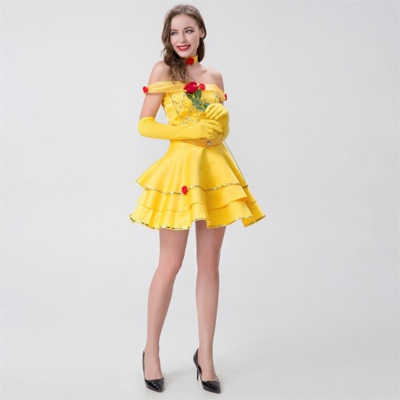 New Halloween Costume, Yellow Princess Short Rose Dress, Yarn Collar, Suspender, Stage Role-playing