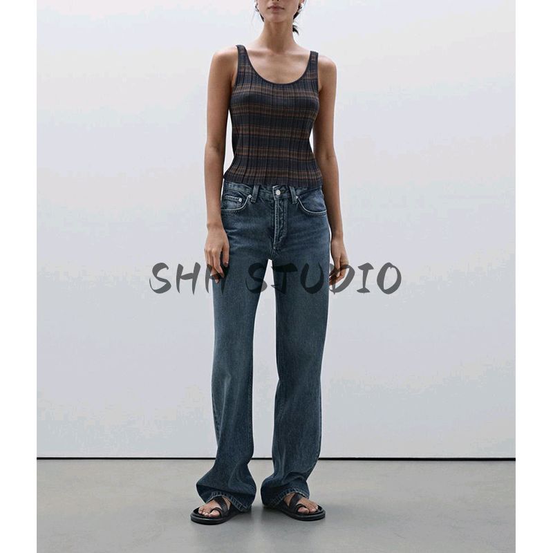 MD Spring/Summer New Women's Clothing Stripes Comfortable Cotton Stripes Knitting U-Collar Tank Top Sleeveless T-shirt 5670706