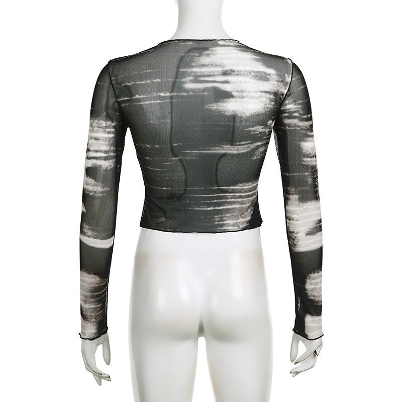 Módní abstraktní tištěné tenké síťované topy s dlouhým rukávem a výstřihem Spodní díl pro ženy Krátký krajkový top