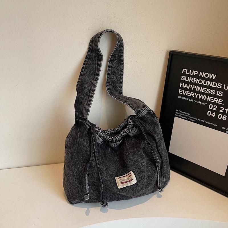 Geantă tip rucsac din denim cu șnur în stil coreean pentru studenți - Capacitate mare, Geantă de umăr casual de primăvară