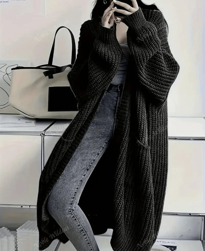 Temperament long over-the-knee sweater cardigan women's autumn and winter new lazy wind loose thickened knitted jacket women's tide