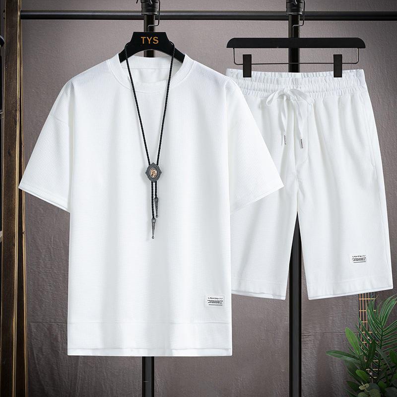 Men's Summer Waffle Short-Sleeve Sports Shirt and Shorts Two-Piece Set