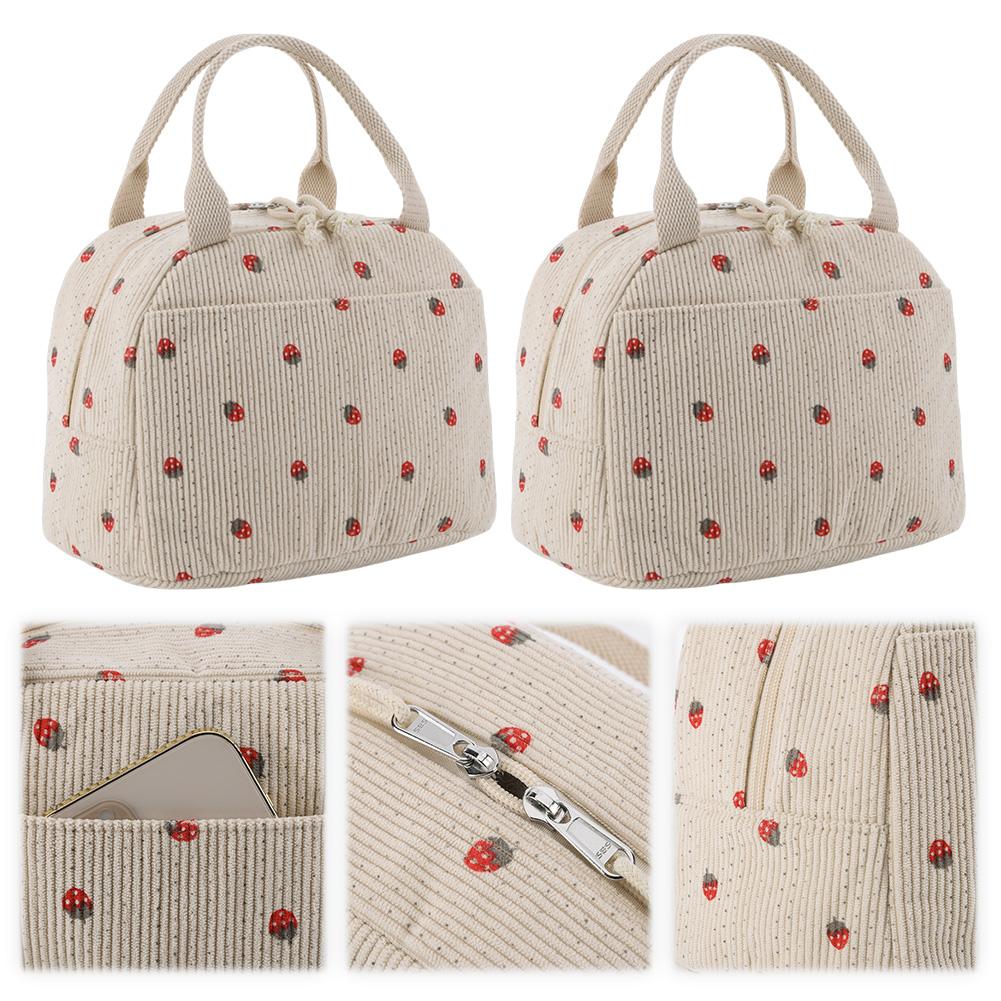 Boîte à lunch en velours côtelé Fraise/Marguerite Grande capacité Sac isotherme Bento multifonctionnel Sac à lunch mignon pour camping pique-nique