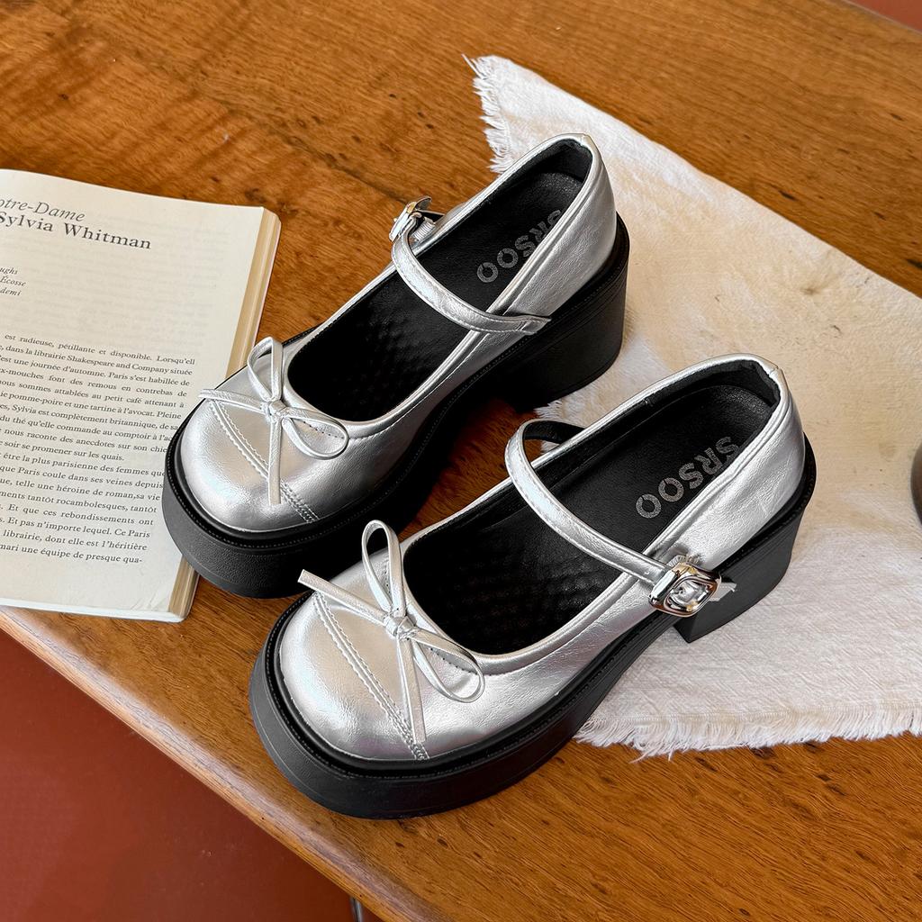 Silver French retro round head light mouth thick high heel single shoes women's 2025 new summer skirt JK Mary Jane shoes