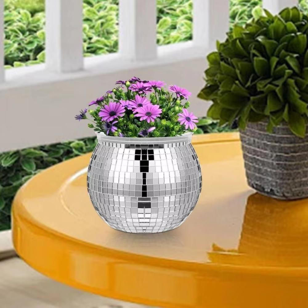 Silver Mirror Glass Flower Vase Home Decoration Disco Ball Plant Holder Plant Planting Pot  Home