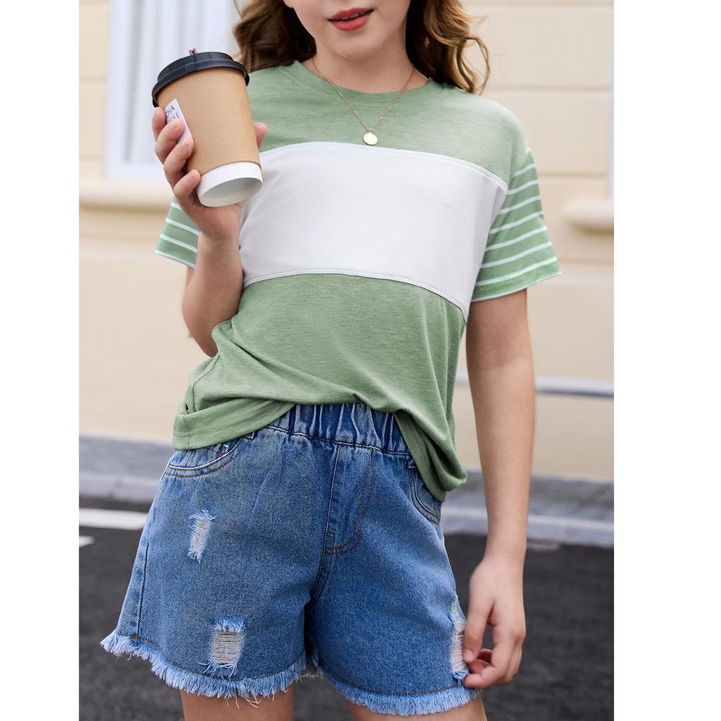Girls Summer Shirts Short Sleeve Color Block Tops