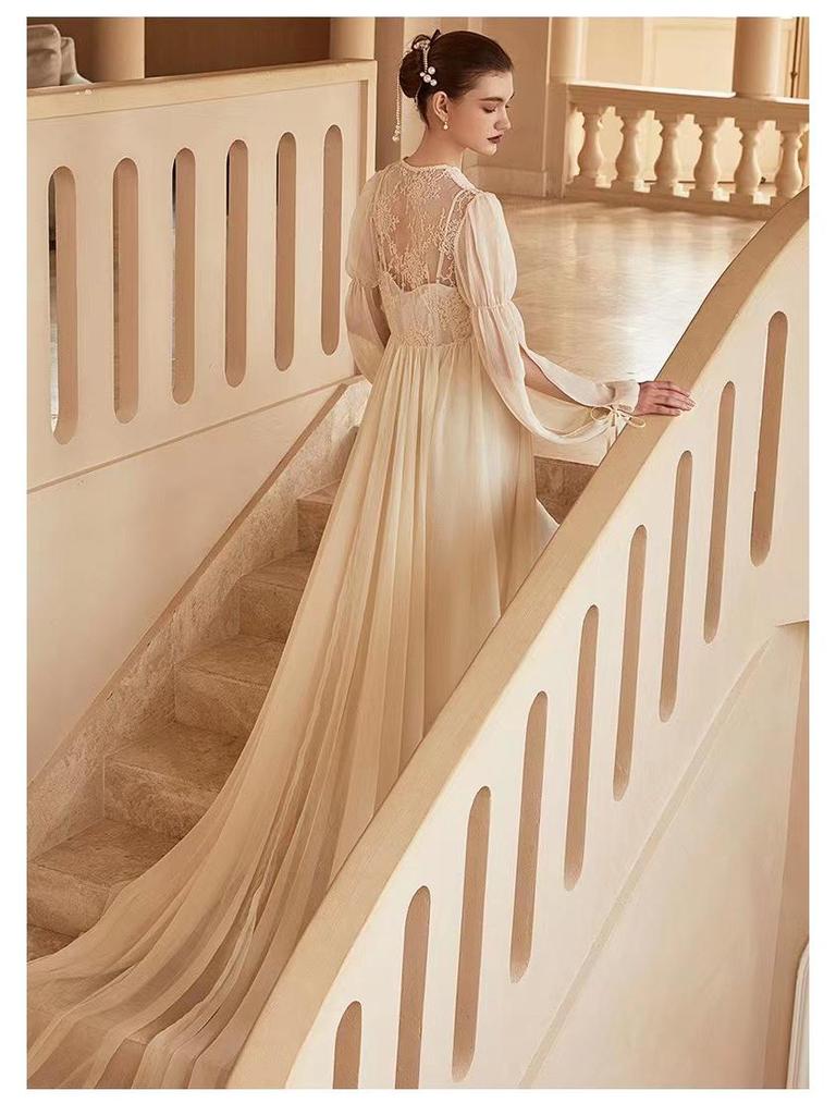 Robe d'été chic beige en mousseline 2025: Style de robe de chambre du matin, parfait pour les vacances ou les photos de mariage (F912)