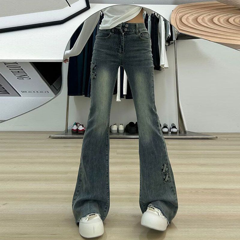

Джинсы микроклеш с высокой посадкой Женские Весенне-осенние Прилегающие и Стройнящие Ретро Брюки-подкова Расклешенные брюки Ретро Уличный стиль Мешковатые джинсы для женщин L