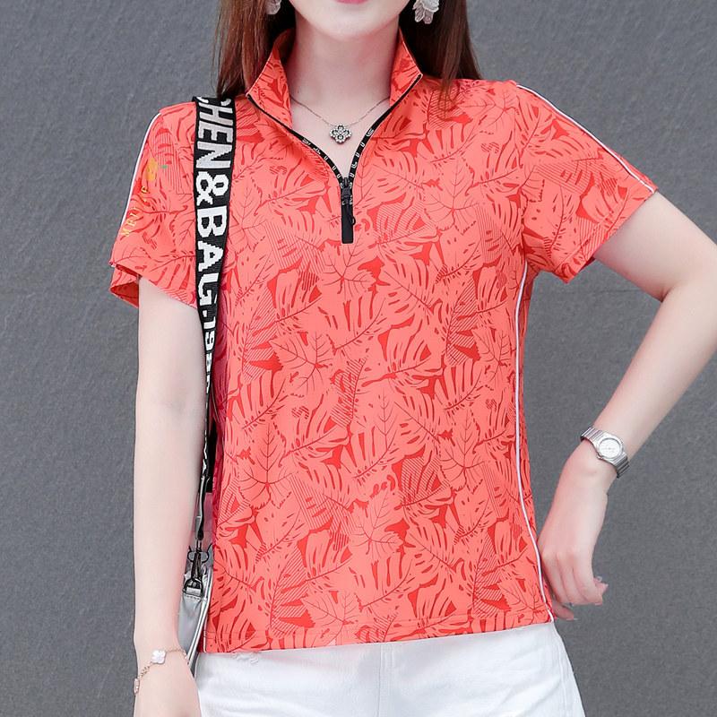 

Женская футболка с коротким рукавом из ледяного шелка, летняя повседневная футболка со стойкой, быстросохнущий топ M оранжево-красный
