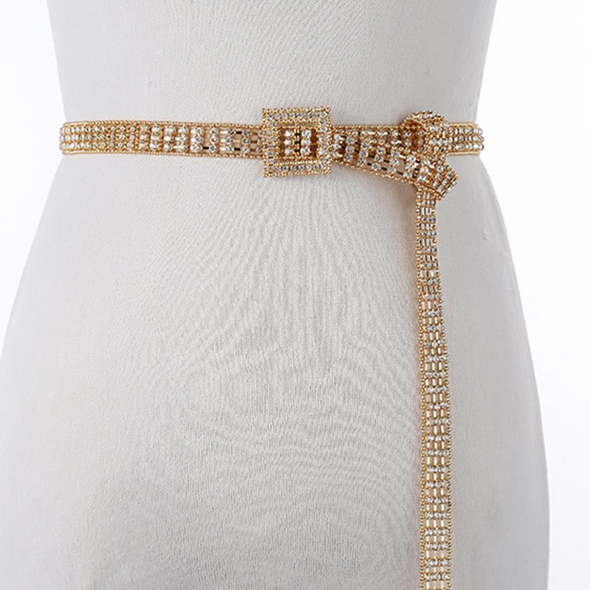 Square Buckle Rhinestone Hip Chain: Fashionable Diamond Belt for Dresses золотой