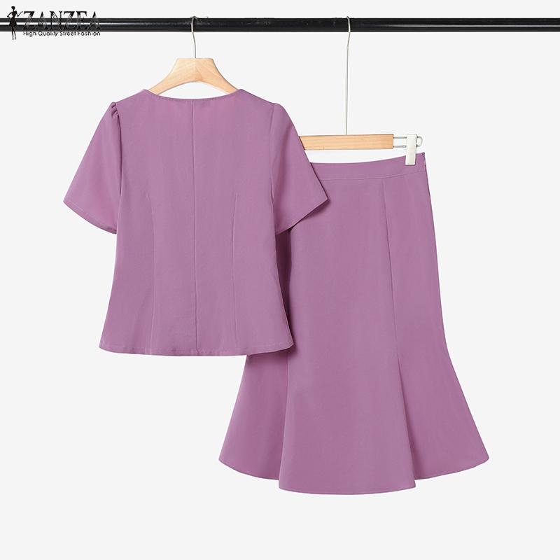 ZANZEA Women Short Sleeve Print Blouse and Ruffles Skirts Casual Two Piece Suit Sets