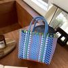 Weaving Hand Basket Colorful Handbag Handle Woven Shopper Bag Patchwork Striped Tote Purses Picnic Beach Bags