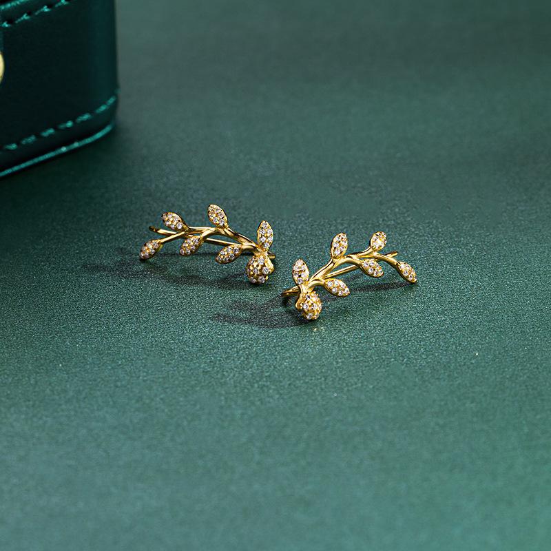 Banyan Tree S925 Silver Olive Branch Leaf Zircon Ear Hooks - Cold Style Summer Earrings for Women