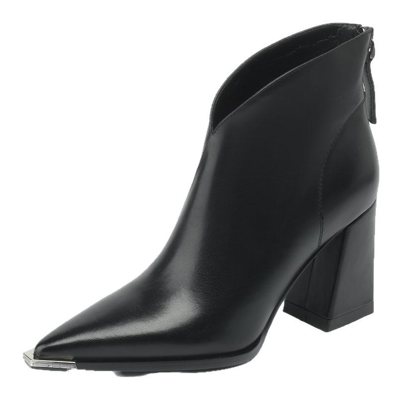 Coarse Heel Pointed Short Boots Women's Autumn and Winter New Versatile Anti-collision Metal Iron Head Soft Leather High Heel Thin Fashion Boots