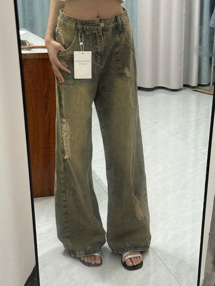 Niche Design Sense Washed Broken Holes Jeans Women Blue Large Size Straight Loose Trailing Floor Wide Leg Trousers Jeans for Women Long Denim Pants