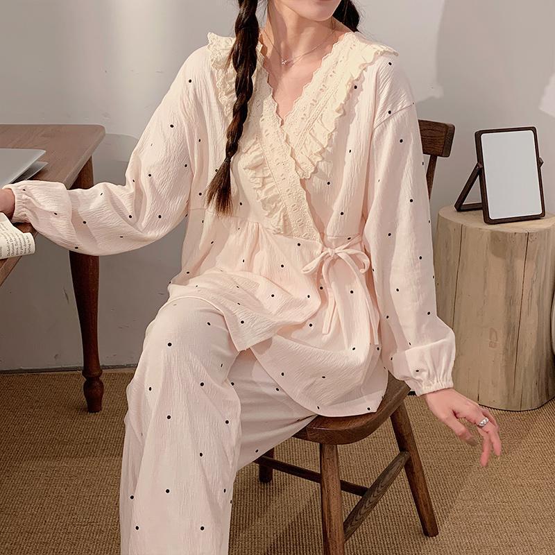 Plus Size Polka Dot Maternity Pajamas - Spring to Summer Loose Home Wear with Breastfeeding Access.