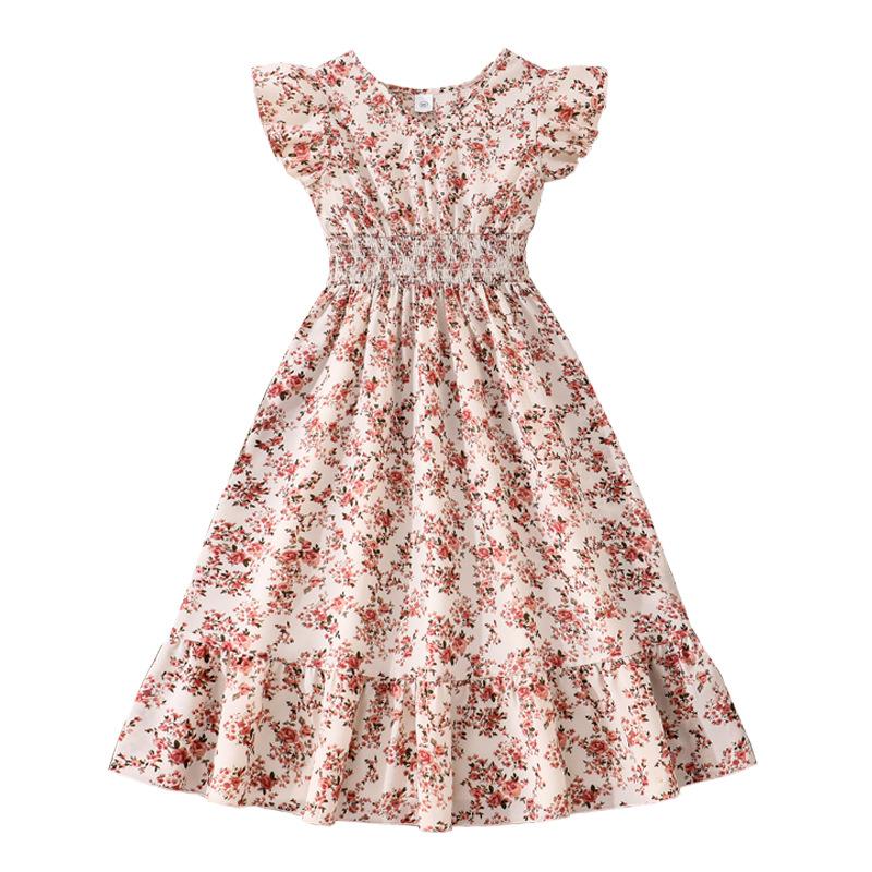 Summer Children's Short-sleeved Vacation Style Floral Print Dress for Girls' Fashion