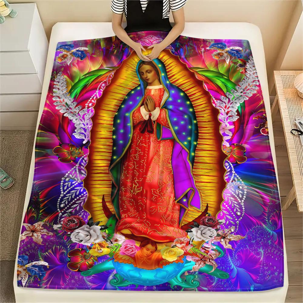 1Pc Virgin Mary Print Flannel Blanket, High quality Comfortable for All Seasons, Home Decor, Warmth and Comfort, Perfect for Christmas Gifts