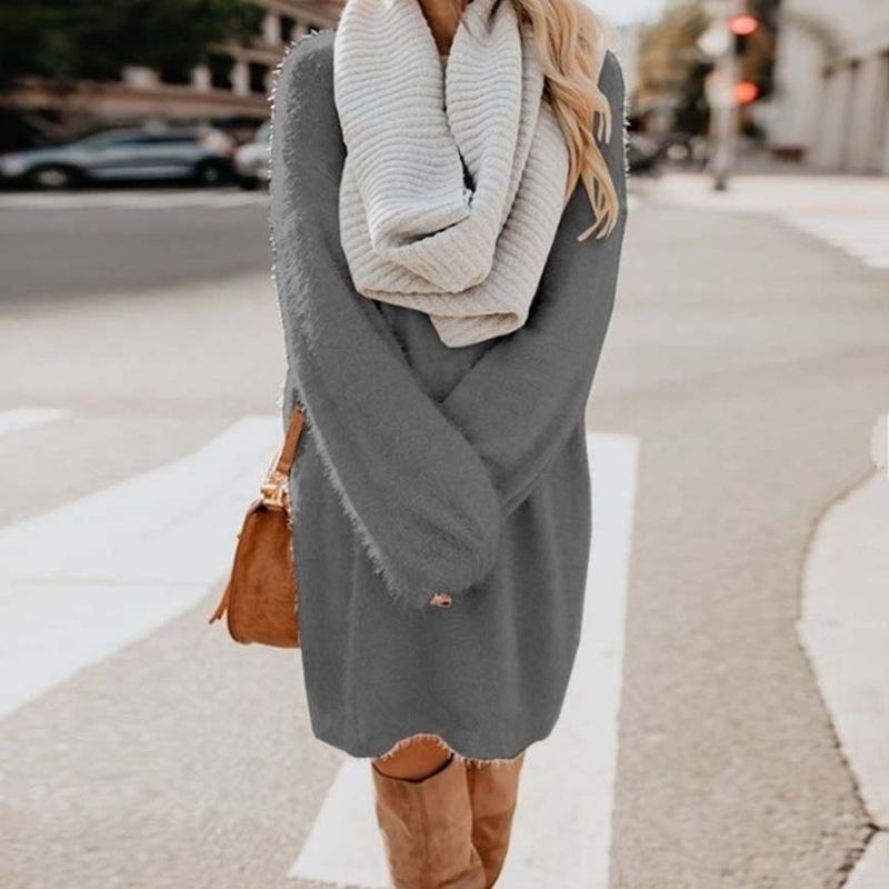 Women Autumn Winter Fashion Casual Sweater Dress Soft Comfy Long Sleeved Solid Dresses Solid Chic Loose Sweater Dresses Furry Sweater