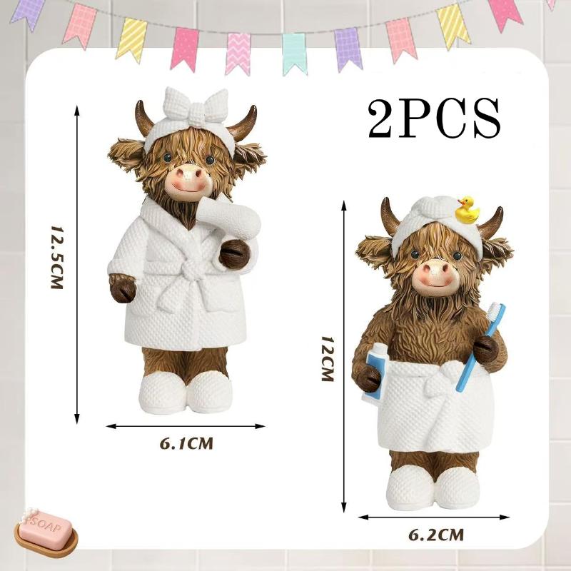 2Pcs 2D Flat Wooden Newspaper-Reading Cows Highland Cow Decorative Ornaments For Home Bedrooms Entryways Bookshelf Display