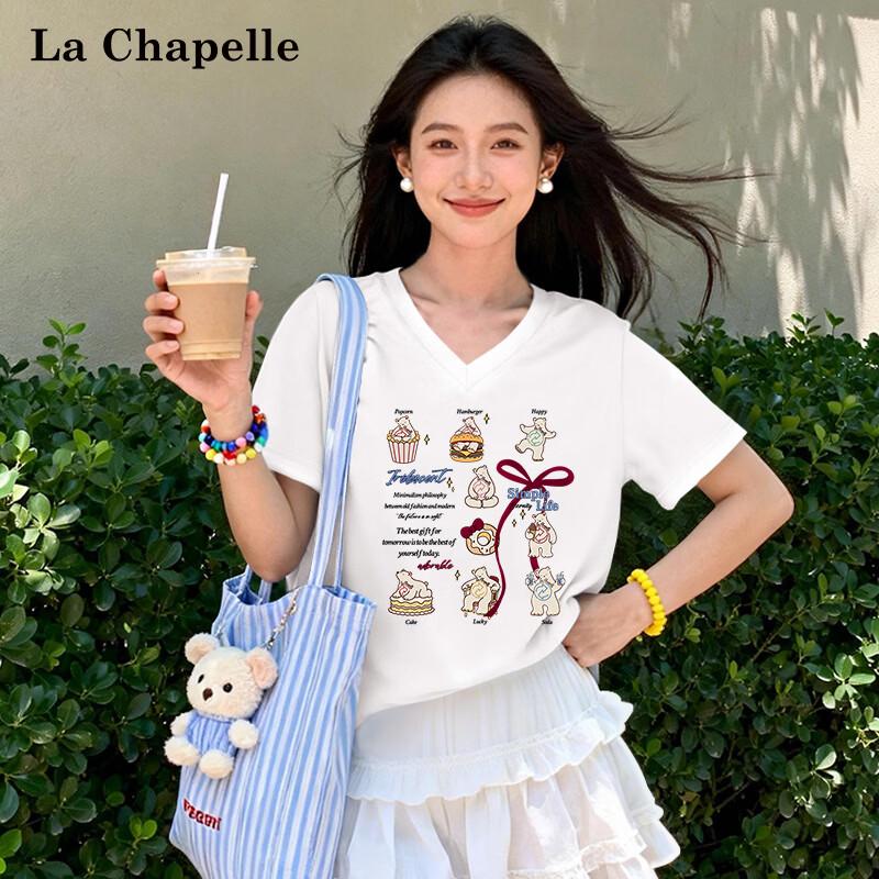 La Chapelle Women s Heavyweight Pure Cotton V-Neck Printed Short Sleeve T-shirt 2XL